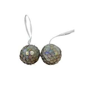 Silver Sequin Glittered Ball Christmas Ornaments Lot of 2 No tags  2.25 in